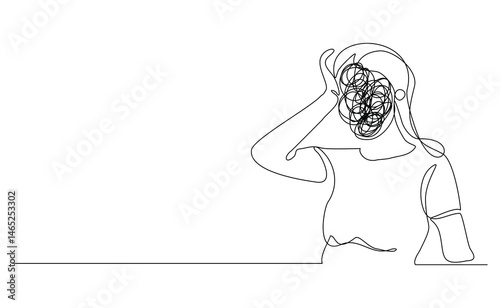Continuous line sketch drawing art of stress confusing people because any problem. Vector illustration single line editable stroke of business woman mess feeling with round scribbles instead of a head