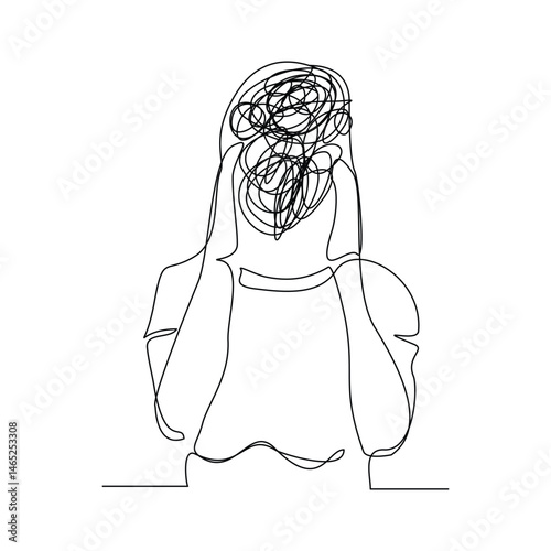 Continuous line sketch drawing art of stress confusing people because any problem. Vector illustration single line editable stroke of business woman mess feeling with round scribbles instead of a head