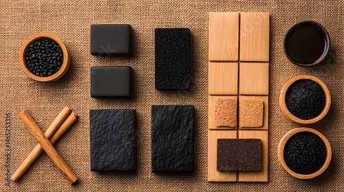 Zero Waste Products on Beige Textile: Dark and Light Brown Bars, Wooden Blocks, and Bowls of Black Granules