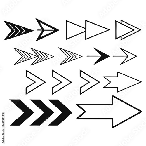 A vector set of black arrow icons offers diverse symbols for direction and web design