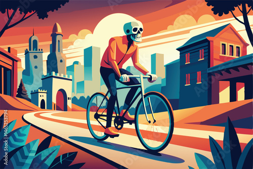 Skull Cyclist in the City. A Vibrant Vector Artwork