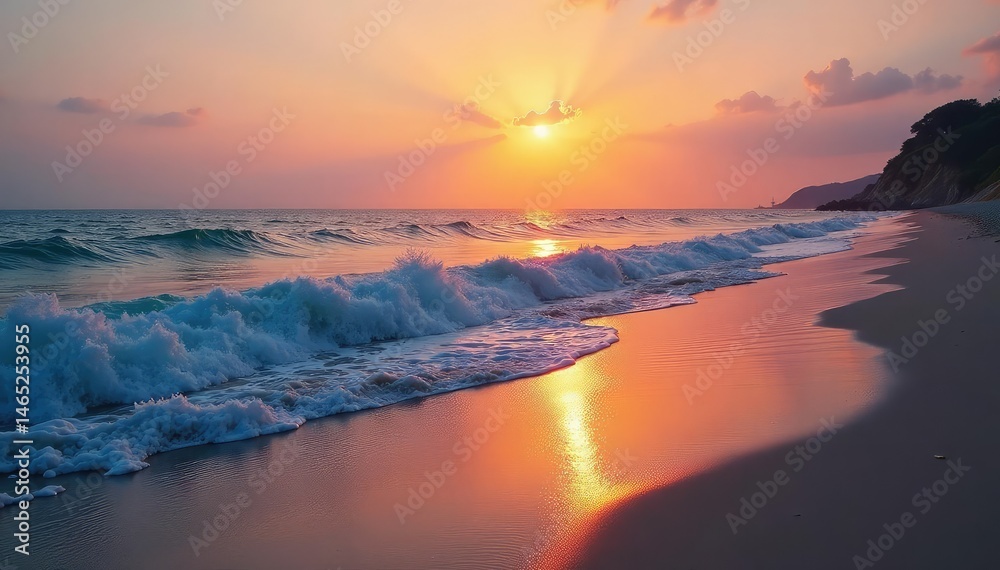 Obraz premium Serene beach scene at sunset, calm ocean waves gently lapping the shore , zen, peace