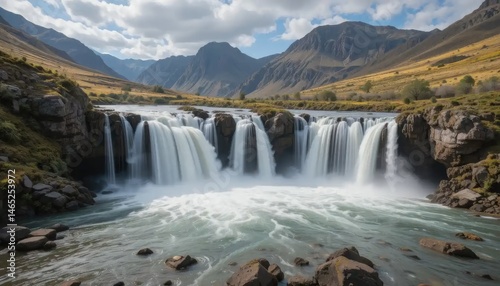 Majestic Waterfall cascading down rugged mountains in Iceland, a breathtaking view of nature's power and serene beauty.