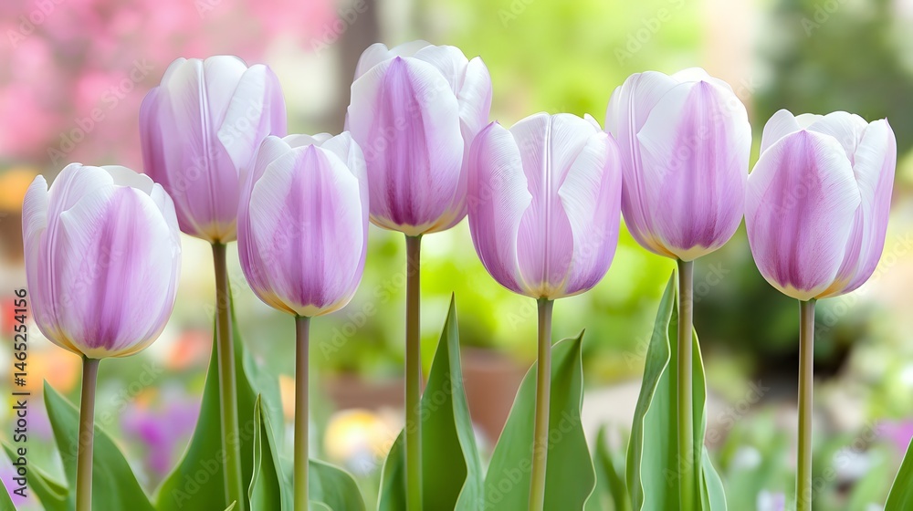 Obraz premium Beautiful Row of Pale Purple Tulips in Spring Garden