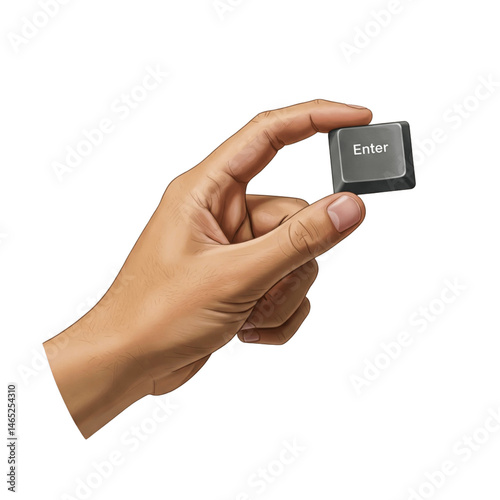 Hand holding enter button on transparent background.