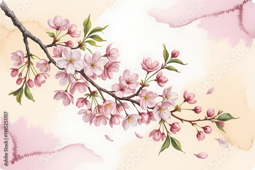 Cherry Blossom Branch Watercolor Illustration