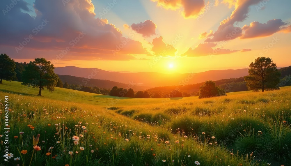 Fototapeta premium Warm sunrise over a peaceful landscape, conveying best wishes and a positive start , daybreak, golden hour