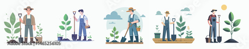 farmer holding shovel and standing next to plant style vector flat design