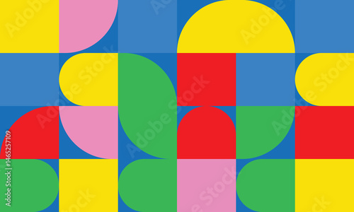 bold retro block pattern using a grid of rectangles and semi-circles in bright yellow, blue, pink, red, and green