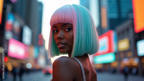 A stylish woman with vibrant colored hair, standing in an urban setting. The woman gazes confidently at the camera.
