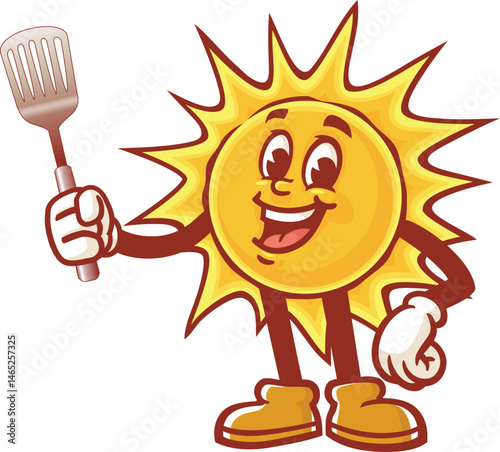 Cartoon character sun holding a spatula