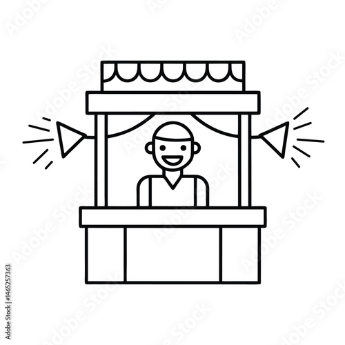 a ticket booth with a friendly worker line art vector illustration