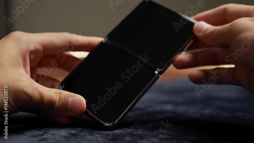  A luxury foldable smartphone is smoothly opened by hand on a velvet surface in soft ambient light