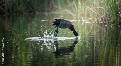 Elegant waterbird plunges headfirst into tranquil lake with reflective ripples