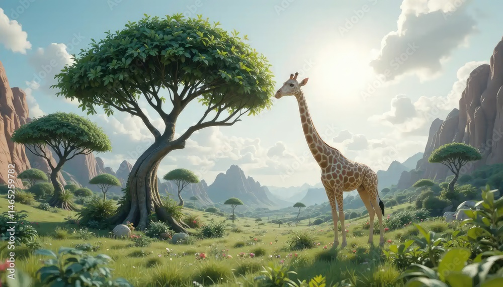 Obraz premium Giraffe in a Serene African Savanna Landscape: Digital Art
