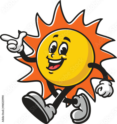 Retro style sun character cartoon is walking