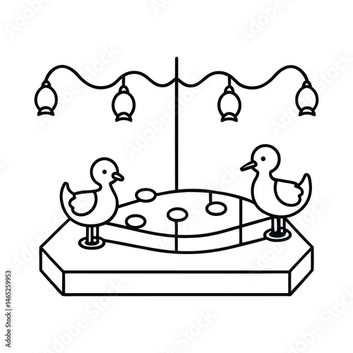 A duck pond carnival game with floating ducks and fishing rods, line art vector illustration