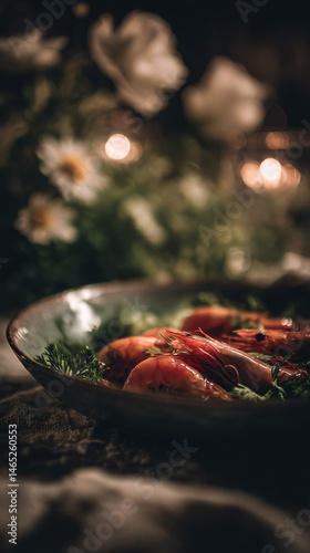 Fresh shrimp served with herbs, countersink on a stylish tabular array