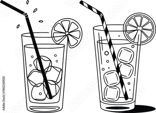 Refreshing Cold Drink Line Art, Lemonade and Ice Beverage Illustration.