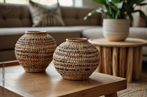 Decorative Woven Vases on Light Wood Coffee Table – Elegant Interior Design