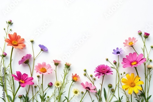Delicate scattered wildflowers on white background, plants, bloom