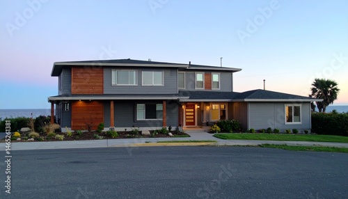 Wallpaper Mural Modern Coastal Home, Ocean View, Gray Siding, Wood Accents, Dusk Lighting Torontodigital.ca