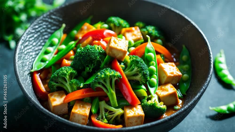 Tofu stir-fry with a variety of vegetables showcased in a bowl, emphasizing vibrant colors and textures. Tofu stir-fry with a variety of vegetables showcased in a bowl, emphasizing vibrant colors and textures.