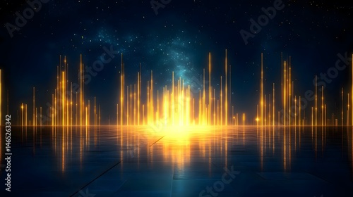 Acaptivatingdigital-artimage.Glowing,verticalgoldenlinesriseagainstastar-filled,darkbluecosmicbackdrop.Theirlightreflectsonasmooth,darksurfacebelow,creatingamesmerizing,futuristicandetherealscene. photo