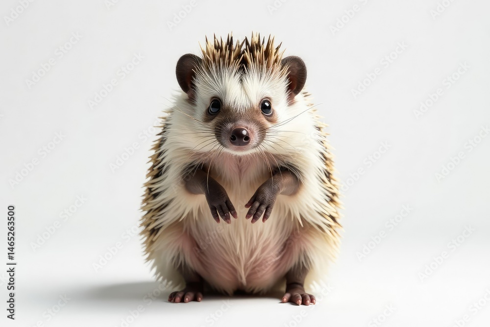 Fototapeta premium Hedgehog standing, facing forward, pure white backdrop, legs, background, hedgehog