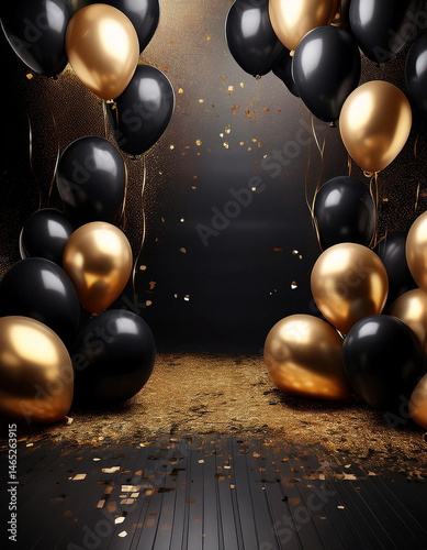 Elegant black and gold balloons with confetti on a dark background. Perfect for celebrations, parties, and luxurious events.