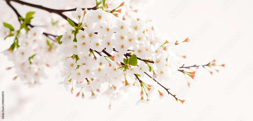 Fototapeta premium Delicate white cherry blossoms, pristine white backdrop, soft light, japanese, twig