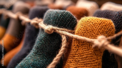 Close up of Colorful Knit Socks Tied with Rope on Fabric Background