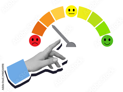 Black and white hand moves arrow on user feedback scale from sad to happy mark. Modern photo collage style. Illustration on transparent background
