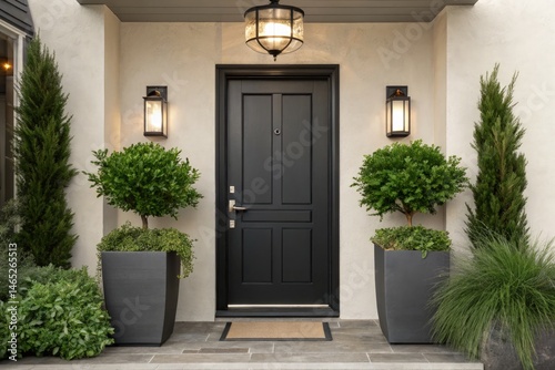 Modern Black Door Framed by Greenery and Warm Lighting Generative AI