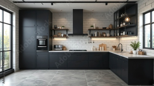 Modern Industrial Kitchen Design. Urban Kitchen with Black Cabinetry