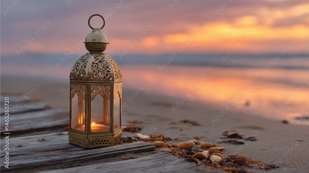 A vintage brass lantern on a deserted beach at sunset