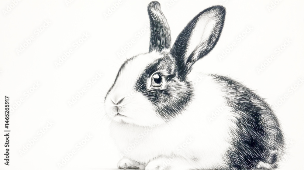 Fototapeta premium Adorable black and white bunny, cute pet portrait on white background