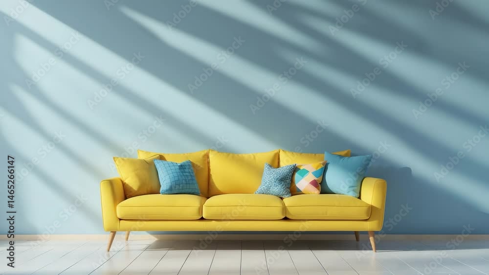 Yellow couch adorned with assorted colorful cushions positioned against a wall background