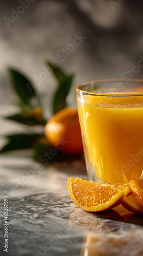 Glassful of clean pulpy orange juice with nearby citrus slices.