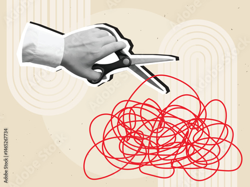 A hand cuts a red thread from tangled ball with scissors. Modern photo collage style. Vector illustration