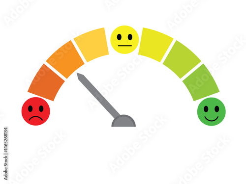 Half-round scale from unhappy red face to green happy face with pointer. Vector illustration isolated on white background