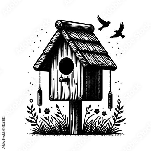 Vintage Hand-Drawn Birdhouse Illustration – Garden Wildlife Engraved Style Vector for T-Shirts, Posters, Stickers, and Nature Apparel