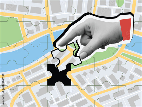 A black and white hand places the final puzzle piece on a city map. Modern photo collage style. Vector illustration