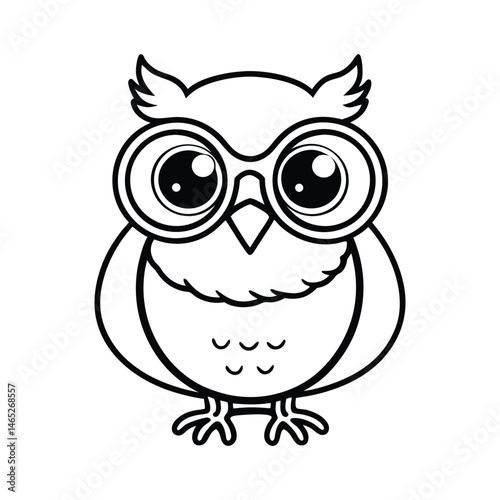 a baby owl with big round glasses vector line art