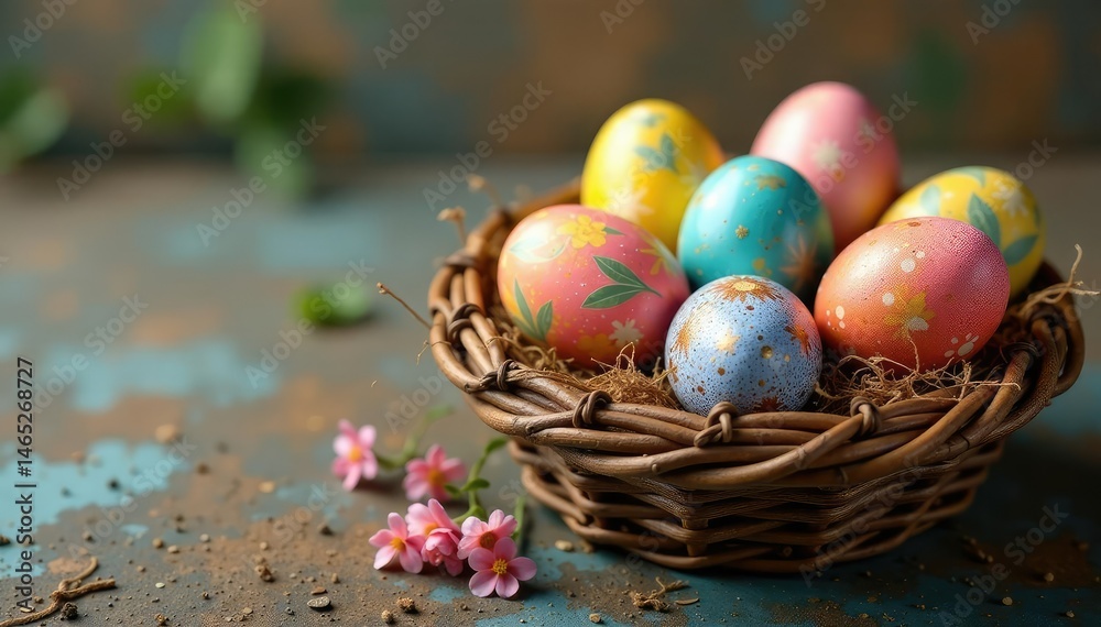 Fototapeta premium Vibrant painted Easter eggs displayed in a rustic basket , decorated eggs, tradition, speckled eggs