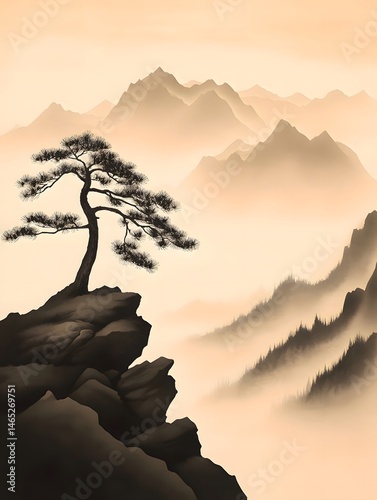 A solitary pine tree stands on a rocky cliff. Mist - shrouded mountains form a serene backdrop, creating a tranquil and majestic Chinese - style landscape.  photo
