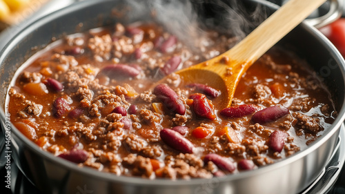 A steaming pot of homemade chili simmering on a cozy kitchen stove with a wooden spoon stirring away