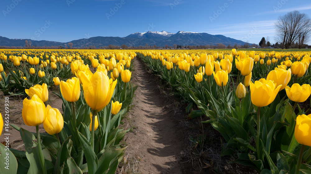 Vibrant yellow tulip field with mountains in the background