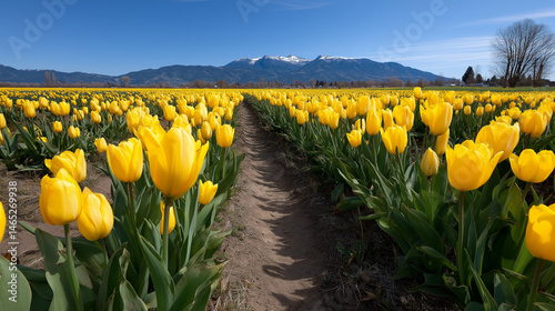 Obraz na płótnie Vibrant yellow tulip field with mountains in the background w salonie