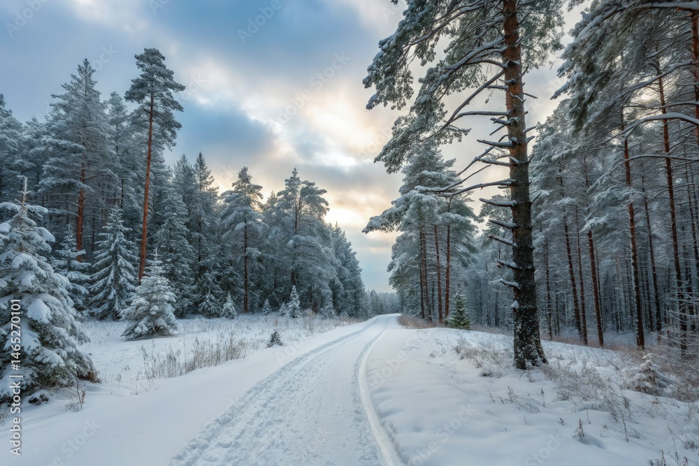 Snowy Winter Path Through a Pine Forest Landscape Generative AI